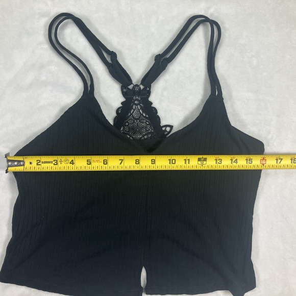 Aerie Size XL Women's Lace Racerback Built In Bra Cropped Tank Top Black Ribbed - Picture 9 of 14